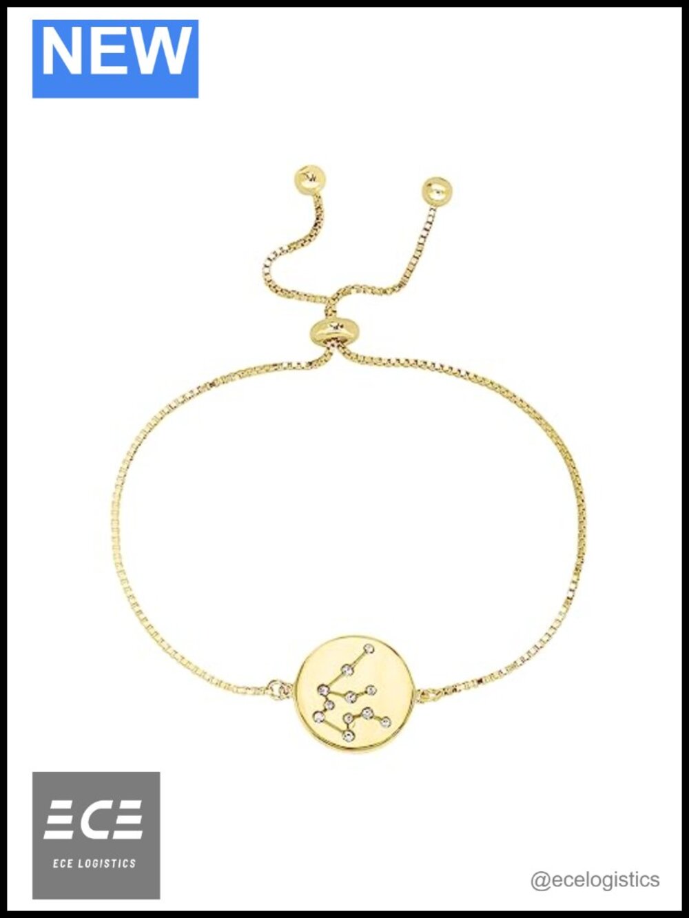 Gold-Plated Sterling Silver Crystal Zodiac Adjustable Bracelet Aquarius 9"